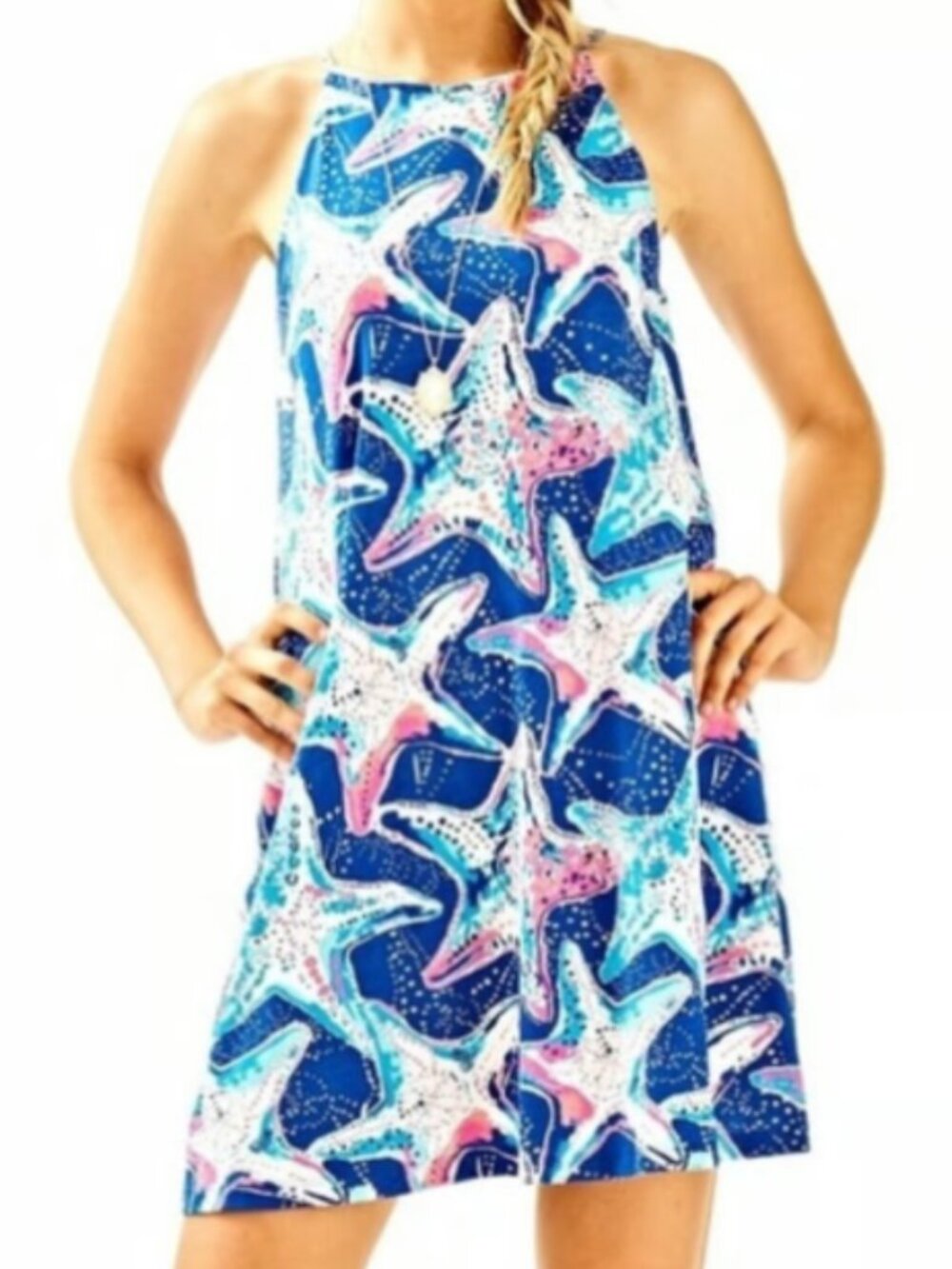 Lilly Pulitzer Margot Cotton Swing Halter Dress Blue Pink Aqua Starfish Size L
